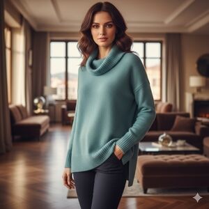 Bartolini Women's Lux Italian Teal Merino Wool Blend Cowl Neck Sweater Size L